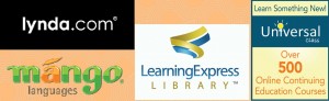 Logos from Lynda dot com, mango languages, learning express library, and universal class