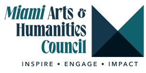 Miami (in teal) Arts & Humanities (navy) Council logo with 3 shades of teal & navy triangle logo "Inspire - Engage - Impact"