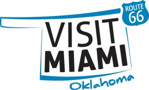 "Visit Miami" inside a blue outline of the State of Oklahoma with "Oklahoma" underneath