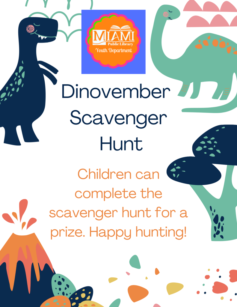 Dinovember scavenger hunt. Children can complete the scaveger hunt to win a prize.