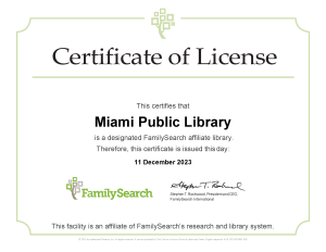 Miami Public Library_Certificate_FamilySearch Affiliate