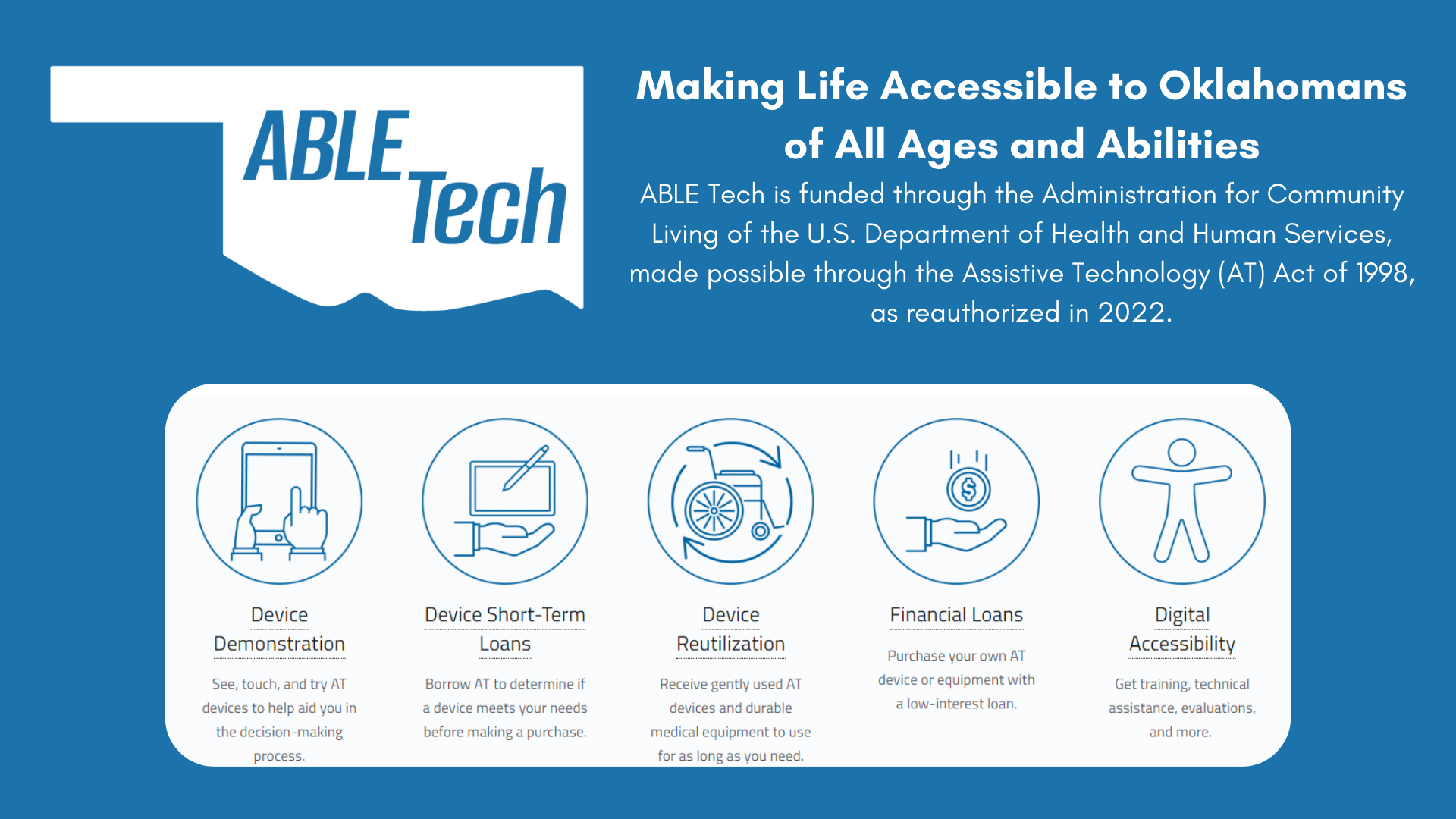 Oklahoma AbleTech. Making Life Accessible to Oklahomans of All Ages and Abilities - click to redirect to the Oklahoma ABLE Tech website.